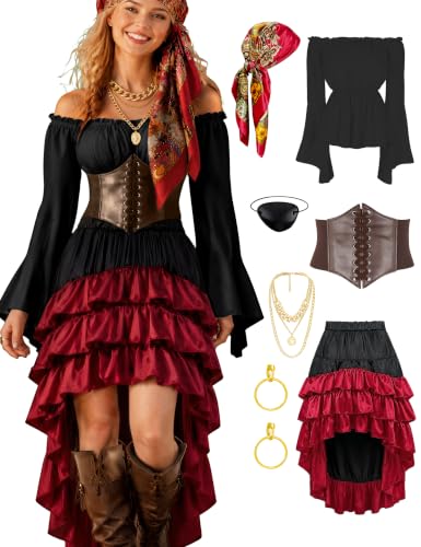 Pirate Costume Women Outfits Renaissance Halloween Costume | Also dress up for Steampunk / Renaissance/ Gypsy Costume - color: Black, size: Medium