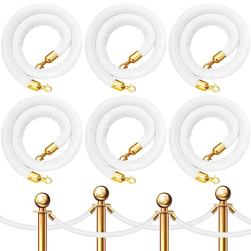 Fumete 6 Pieces Velvet Stanchion Rope Bulk 6.5 Feet Crowd Control Barriers Safety Velvet Rope with Polished Gold Hooks for Party Openings, Not Include Stanchion Post(White) - color: White