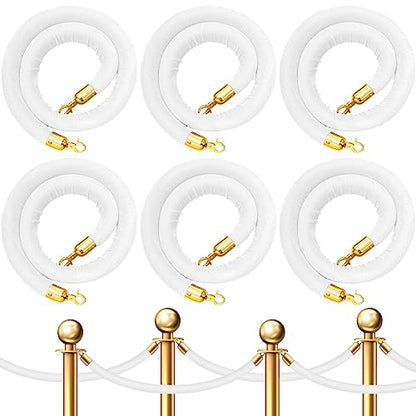 Fumete 6 Pieces Velvet Stanchion Rope Bulk 6.5 Feet Crowd Control Barriers Safety Velvet Rope with Polished Gold Hooks for Party Openings, Not Include Stanchion Post(White) - color: White