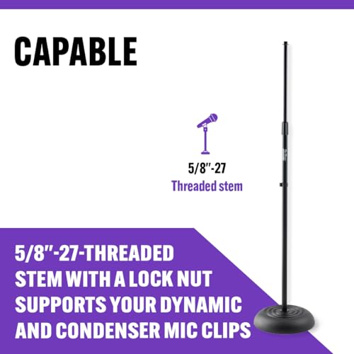 On-Stage MS7201B Round-Base Mic Stand (Supports Dynamic and Condenser Microphones, Height Adjustable 33"–60", Standard 5/8"-27 Threading, 7 lb, 10" Metal Base, Rubber Feet, Cable-Management Clip) | 7 lb weighted base with die-cast zinc clutch and 5/8-27 t