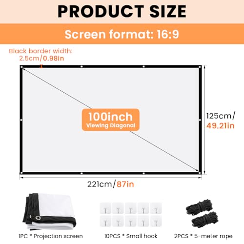 Projector Screen, White Projector Screen, 16:9 No Crease Home Theater Foldable Projection Screen 60"|72"|84"|100"|120"|150" (100 inch Thickened) - size: 100 inch Thickened