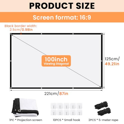 Projector Screen, White Projector Screen, 16:9 No Crease Home Theater Foldable Projection Screen 60"|72"|84"|100"|120"|150" (100 inch Thickened) - size: 100 inch Thickened