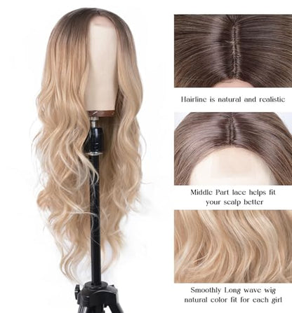Aida ble Long Wavy Dark Blonde Ombre Wig for Women 26inch Middle Part Wig | Natural Looking Synthetic Wig,Suitable for Daily Wear,Party,Halloween and Cosplay,Beginner-friendly,Lightweight and soft - color: Brown Ombre Blonde