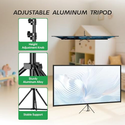 Tripod Projector Screen with Stand 16:9 4K HD Projection Screen Stand Wrinkle-Free Height Adjustable Portable Screen for Projector Indoor & Outdoor for Movie,Home Cinema,Gaming,Office (110in)