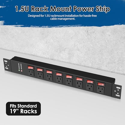 Jgstkcity Rack Mount PDU Power Strips,8 Outlet Surge Protector,Individual Switches,1.5U Rackmount Server Racks,14AWG Heavy Duty Extension Cord,15A 125V 1875W (Standard Power Cord, 12 FT Cable) - size: 12 FT Cable