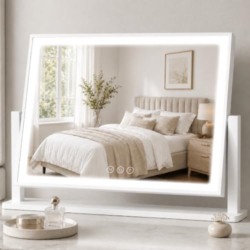 Rechargeable Vanity Mirror with Lights, 3000mAH Battery, 17"×12" LED Makeup Mirror, 10X Magnification, Smart Touch with 3-Color Lighting, 360° Rotation, Lighted Up for Makeup Desk, Bedroom (White) - color: White, size: 17"L x 12"W