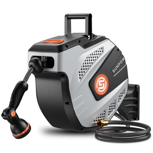 SUNPOW Retractable Garden Hose Reel - 1/2 inch x 115ft Heavy Duty Wall Mounted Hose Reel with 3/4 inch Brass Fitting & 10 Sprayer Nozzle - Any Length Lock, Auto Rewind System, 180°Swivel Bracket- Grey - size: 1/2'' 115FT