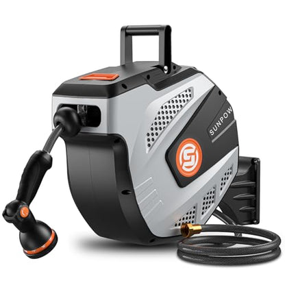 SUNPOW Retractable Garden Hose Reel - 1/2 inch x 115ft Heavy Duty Wall Mounted Hose Reel with 3/4 inch Brass Fitting & 10 Sprayer Nozzle - Any Length Lock, Auto Rewind System, 180°Swivel Bracket- Grey - size: 1/2'' 115FT