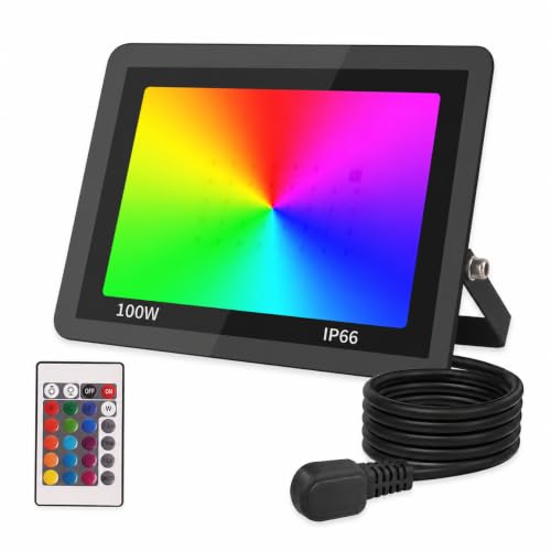 100W LED RGB Flood Light Stage Lighting with US 3-Plug, Changing RGB Flood Lights with Remote Control, Dimmable Wall Washer Light 16 Colors 4 Mode for DJ Disco Party Garden Halloween