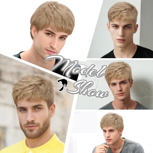 Mens Blonde Wig Short Layered Blond Straight Wig for Male Guys Synthetic Heat Resistant Fiber Natural Dirty Blonde Mens Wig for Halloween Party Anime 90s 2000s Use - color: Dirty Blonde