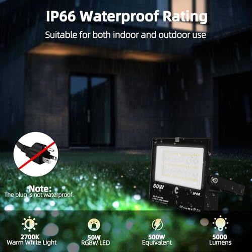 HEKEE LED Flood Light Outdoor, 50W RGB Color Changing Floodlight with Remote Control, RGBW 120 Colors, 2700K, 5000 Lumens, IP66 Waterproof, DIY Strobe Mode, Timing, for Halloween/Christmas (2 Pack)