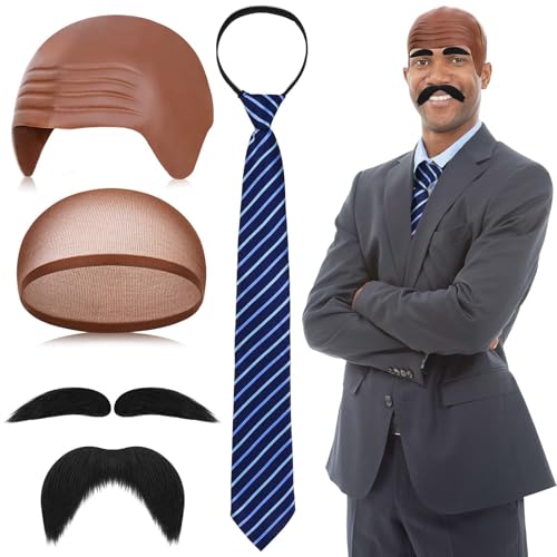 4 Pcs Halloween Costume Accessories Include Brown Bald Cap,Stripe Tie,Cap Net,Mustache Eyebrows for Men Women Party Dress Up