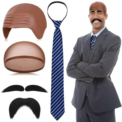 4 Pcs Halloween Costume Accessories Include Brown Bald Cap,Stripe Tie,Cap Net,Mustache Eyebrows for Men Women Party Dress Up
