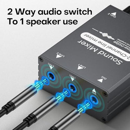 2 Channel Stereo Audio Mixer - 3.5mm Mini Mixers Audio with Dual Volume Control Knobs, Aluminum Shell, 2 in 1 Out Small Audio Switch for PC Headphone Speaker Monitor Projector Live Streaming