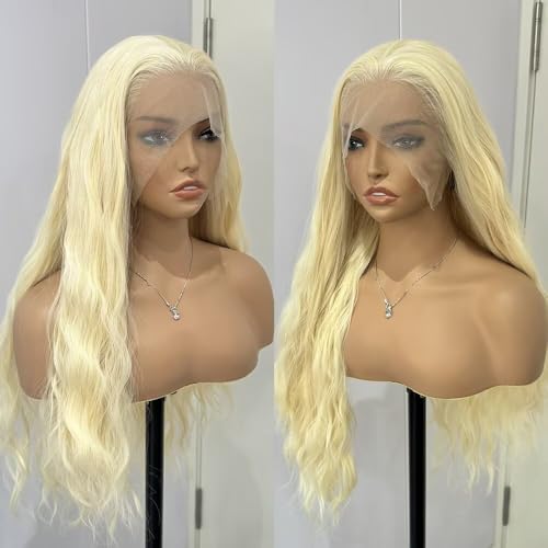 RONGDUOYI Blonde Wig Synthetic Lace Front Wigs Free Part #613 Blonde Loose Curly Wig Heat Resistant Natural Hairline Fiber Hair Glueless Lace Wigs for Women Daily Wear Cosplay Wig 24Inches - color: Blonde-#613