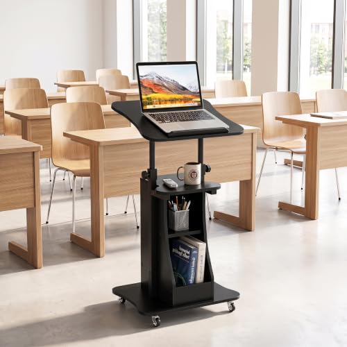 Tangkula Mobile Lectern Podium, Height Adjustable Podium Stand, Standing Sit-to-Stand Desk, Rolling Cart Laptop Desk with Swivel Top Movable Wheels & Storage - color: Black, size: 20" x 16" x 44"