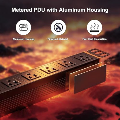 19in 1U Metered PDU Rack Mount Power Strip with Display | Rackmount PDU With 7 Outlets,Digital Meter Shows Real-Time Voltage & Current.15A Overload Protection. 30° Rotating Brackets