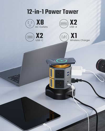 SUPERDANNY 8 AC 15W Wireless Charger Power Strip Tower, 13A, 1050J, Gold - color: Gold, size: 8AC+2USB-A+2USB-C | 6.5 ft | 15 W Wireless