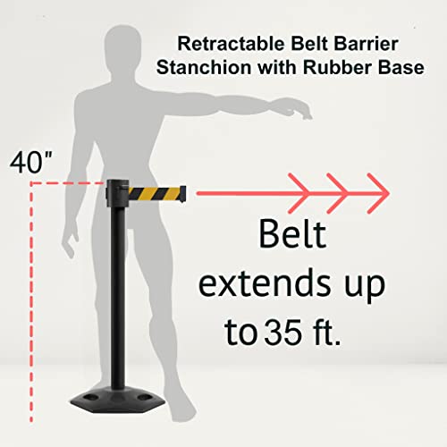Montour Line MSR760 Set of 2 Retractable Belt Barrier Stanchion, Rubber Base, Black Powder Coated Post (35 ft Black and Red Diagonal Belt) - color: Black and Red Diagonal, size: Black Powder Coated