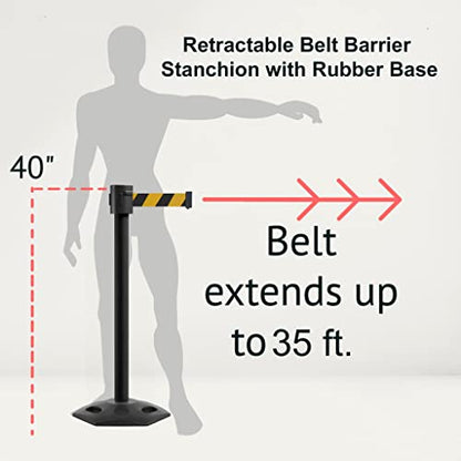 Montour Line MSR760 Set of 2 Retractable Belt Barrier Stanchion, Rubber Base, Black Powder Coated Post (35 ft Black and Red Diagonal Belt) - color: Black and Red Diagonal, size: Black Powder Coated