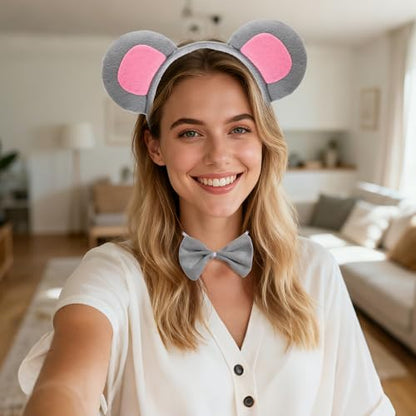 3Pcs Mouse Ears Headband Costume Accessories Set, Grey Rat Ears Headband, Bow Tie and Rat Tail Animal Fancy Dress for Women Men Halloween Christmas Cosplay Party Supplies