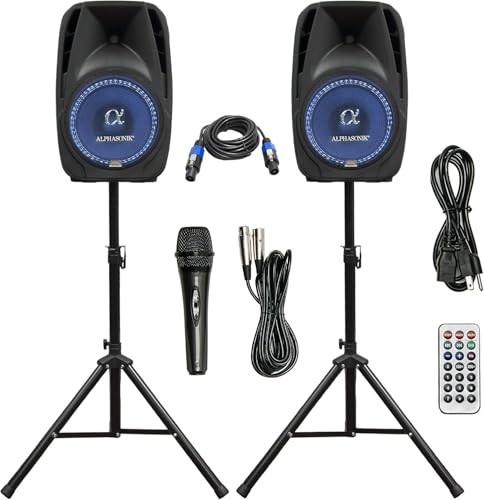Pair Alphasonik All-in-one 10" Powered 1000W PRO DJ Amplified Loud Speakers with Bluetooth USB SD Card AUX MP3 FM Radio PA System LED Lights Karaoke Mic Guitar Amp 2 Tripod Stands Cable and Microphone