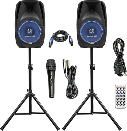 Pair Alphasonik All-in-one 10" Powered 1000W PRO DJ Amplified Loud Speakers with Bluetooth USB SD Card AUX MP3 FM Radio PA System LED Lights Karaoke Mic Guitar Amp 2 Tripod Stands Cable and Microphone
