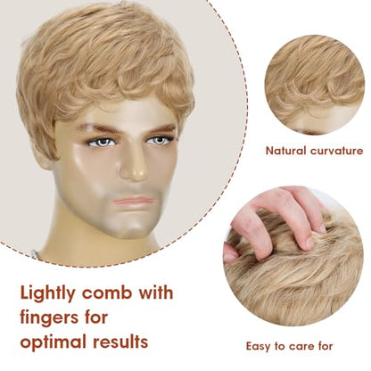 Mens Blonde Wig Short Layered Blond Straight Wig for Male Guys Synthetic Heat Resistant Fiber Natural Dirty Blonde Mens Wig for Halloween Party Anime 90s 2000s Use - color: Dirty Blonde