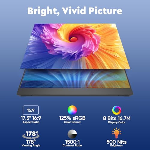 17.3" 2.5K Wireless Portable Monitor with Built‑in 8000mAh Battery 4H, AirPlay & Miracast, 2560x1400 IPS Matte HDR, 125% sRGB, 500 Nits, VESA, Auto Rotation for Phone/Tablet, USB‑C & Mini HDMI - size: 17.3