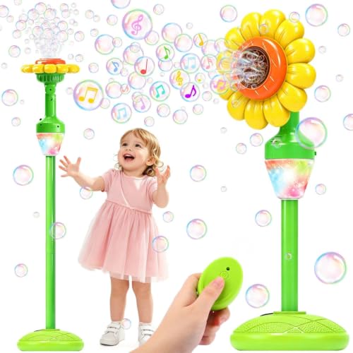 Yunaking Flower Bubble Machine Remote Control, 3 4 5 6 7 8 Year Kids Toys | 90° Bubble Blowing, Adjustable Height, With Music Light, 2 solutions, Boys Girls Christmas Gift, for Wedding Camping Party - color: Orange