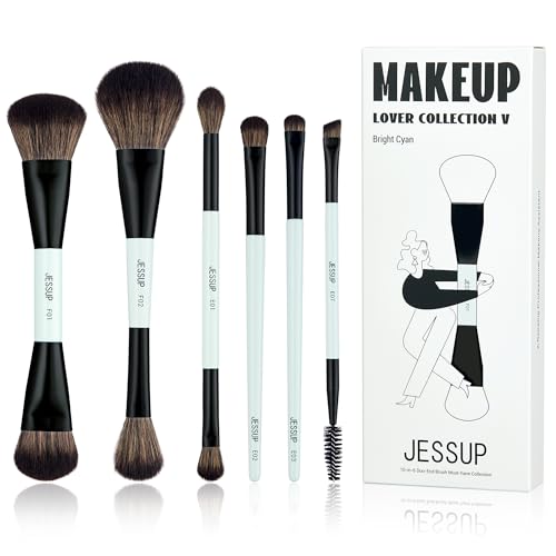 Jessup Makeup Brush Set 6pcs Double Sided Makeup Brushes Foundation Contour Blush Highlight Blending Eyebrow Brush Eyeshadow Brush, Vegan Fiber Make up Brush Bright Cyan T501 - style: T501-6pcs