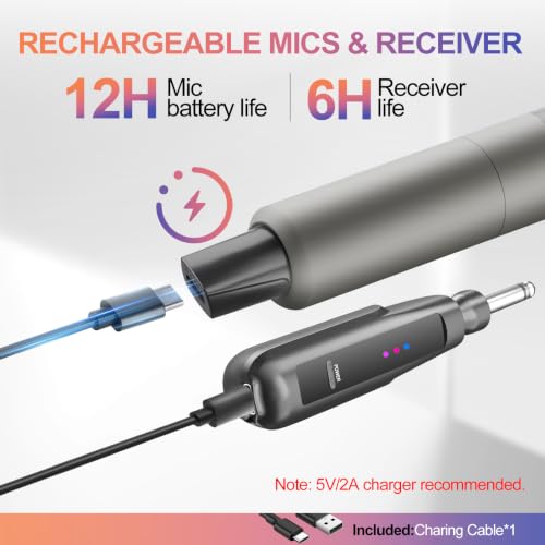 Aveek Wireless Microphone 2-Pack, 100ft Range,10Hs Battery for Karaoke | Rechargeable Receiver and Mics, Clear Sound, Noise Cancellation, Amps Via 6.35/3.5Mm, for Church, Party, Wedding, DJ & Events - color: Gray