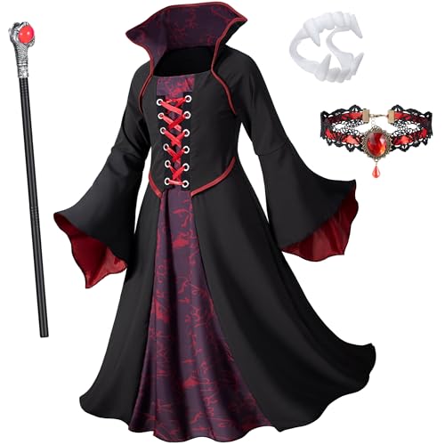 Vampire Costume for Girls 3-12 Years | with Vampires Fangs Wand, Choker, Ideal for Girls Halloween Costume Dress Up,Trick or Treating, Dracula Party Role Play - size: 4-5 Years