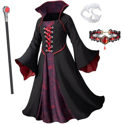 Vampire Costume for Girls 3-12 Years | with Vampires Fangs Wand, Choker, Ideal for Girls Halloween Costume Dress Up,Trick or Treating, Dracula Party Role Play - size: 10-12 Years
