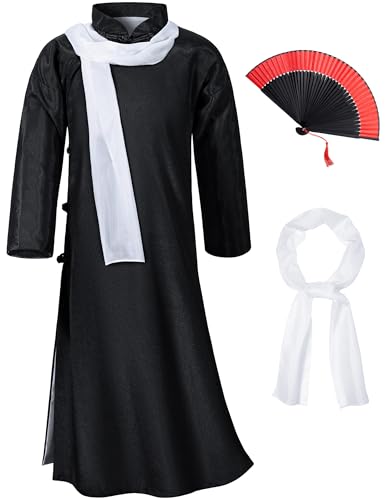 Boys Girls Kids Dragon Tang Coat Chinese Traditional Clothing Master Martial Arts Fan Scarf Set Outfit - color: Black, size: 8-9Years(140cm)
