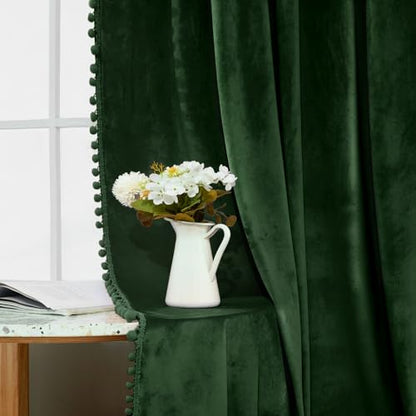 MIULEE Emerald Green Pom Pom Velvet Blackout Curtains, 52"x63" Set of 2 | Rod Pocket Curtains,Thermal Insulating,Christmas Blackout Curtains for Bedroom/Home Theater/Living Room Darkening - color: Emerald Green, size: 52"W x 63"L (Pack of 2)
