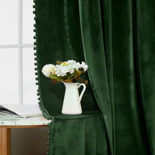MIULEE Emerald Green Pom Pom Velvet Blackout Curtains, W52 x L96 Set of 2 | Rod Pocket Curtains,Thermal Insulating,Christmas Blackout Curtains for Bedroom/Home Theater/Living Room Darkening - color: Emerald Green, size: 52"W x 96"L (Pack of 2)
