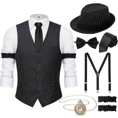 1920s Mens Costume Outfit, Roaring 20s Gatsby Accessories for Men, Vest Hat | 1920 mens outfit, gangster mobster costume,Peaky blinders costume, pocket watch, suspenders and tie, Harlem Nights, Halloween - color: Stylish Black White Stripe-striped Hat, si