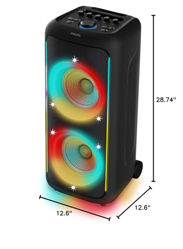 Philips TAX5000 Bluetooth Party Speaker - 14 Hours Play Time, Bass+, Full-Speaker LIghtshow, Built-in Carry Handle and Wheels, 200W Max Power, Black