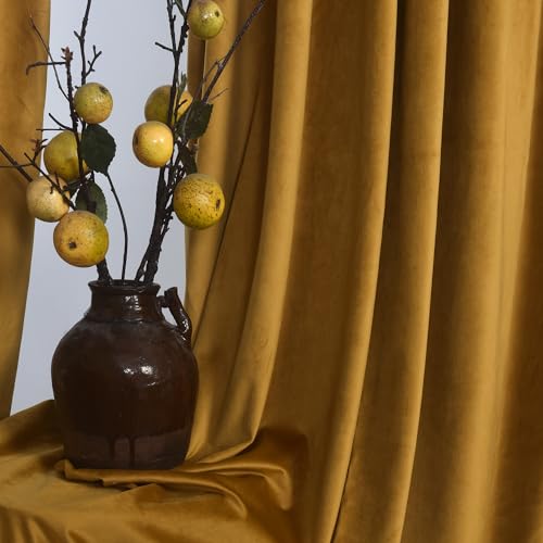 Roslynwood Mustard Gold Velvet Curtains 63 inches Long - Curtains Block Light Rod Pocket Thermal Insulated Window Treatment Drapes for Kids Room/Home Office/Living Room,W52 x L63, 2 Panels - color: Mustard, size: 52"W x 63"L (Pack of 2)