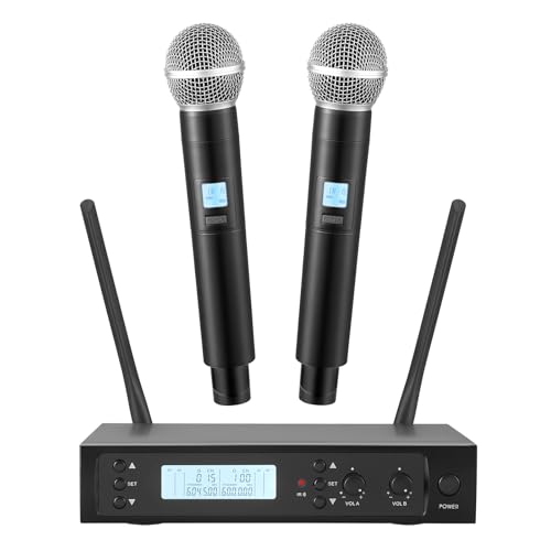 Wireless Microphones System with 2 X 100 Channels Cordless Handheld Microphone, 328 FT UHF Range, Mics with Stable Signal Transmission for Karaoke Singing Party Church Wedding PA Speaker