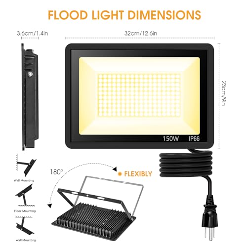 YANYCN 2 Pack 150W 3000K Led Flood Lights Outdoor,Warm White Super Bright 15500LM Security Lights with Plug,Exterior IP66 Waterproof FloodLight for Basketball Court, Yard, Garden, Playground - color: 3000K 150W led flood light 2 pack