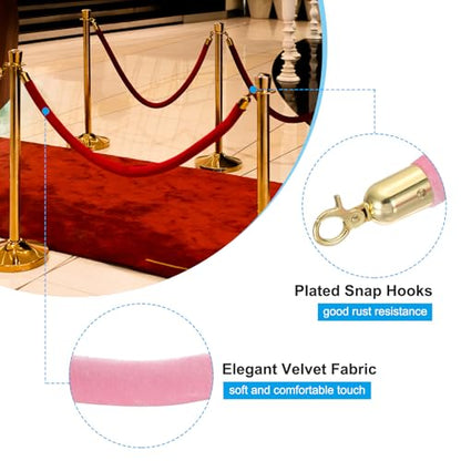 PATIKIL 8 Pack Pink Velvet Stanchion Rope, 5 Ft Crowd Control Ropes Barrier Hanging Rope with Stainless Steel Gold Plated Hooks for Carpet Events Movie Theaters Opening Activities - color: Pink/Gold Plated, size: 5 Ft