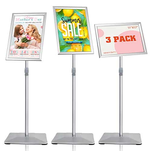 11"x17" Pedestal Poster Stand with Heavy Duty Solid Steel Base, Adjustable Floor Standing Sign Holder for Vertical and Horizontal Display, Silver 3Pack - color: Silver, size: 11"x17"-3Pcs