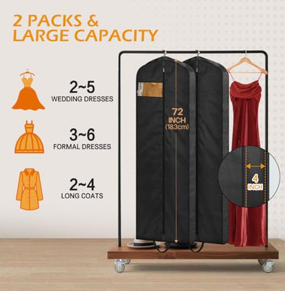 MISSLO 72" Wedding Dress Garment Bag Waterproof Garment Bags for Travel for Women Dress Bags for Gowns Long for Closet Storage 2-Pack, Black - size: 72 inch