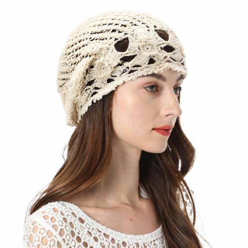 ZLYC Women Cotton Crochet Slouchy Beanie Hat Handmade Knit Summer Skull Cap | Lightweight breathable,boho casual chic look,travel photos festival party,café commute daily wear,beach concert gathering - color: Flowers Beige
