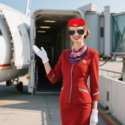 5 Pcs Flight Attendant Costume Accessories Women Airline Stewardess Outfits Flight Attendant Hat Pin Sunglasses Scarf Gloves - color: Red