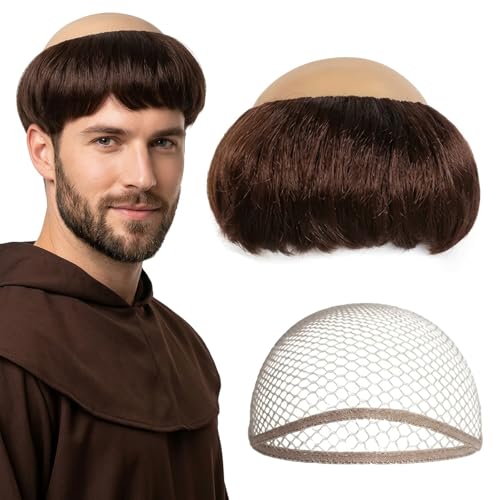 2PCS Monk Wig Set, Funny Wig and Monk Costume Accessory, Dark Brown Monk Wig with Hair Net for Theatrical Performances