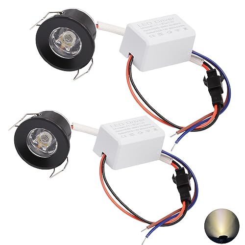 2Pack 1W Mini Spotlights Indoor 1 Inch Recessed Showcase Display Under-Cabinet LED Lights Fixture with AC 110V/220V to 3-12V Power Supply LED Driver 3000K Warm-White Lighting Black Shell - color: Black
