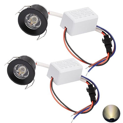 2Pack 1W Mini Spotlights Indoor 1 Inch Recessed Showcase Display Under-Cabinet LED Lights Fixture with AC 110V/220V to 3-12V Power Supply LED Driver 3000K Warm-White Lighting Black Shell - color: Black
